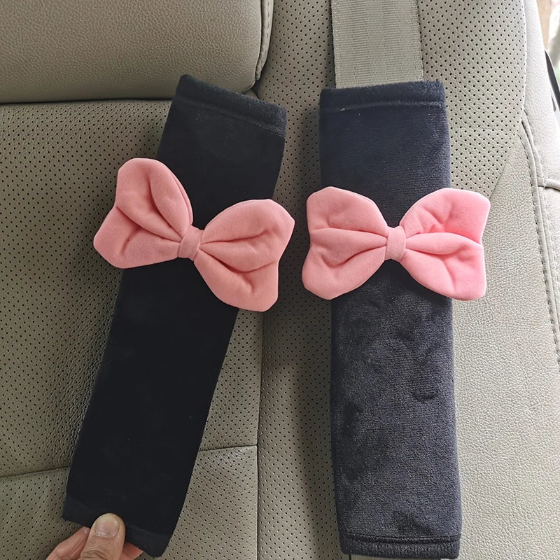 2pcs Cute Bownot Car Seat Belt Shoulder Cover Car Safety Belt Cover Anti-stranglehold Car Interior Accessories Girl Gift