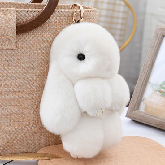 Fluffy Cute Bunny 18CM Real Fur Keychain Rex Rabbit Pom Pom Gift Toy Doll Women Bag Pendant Charm Car Key Keyring Metal ring