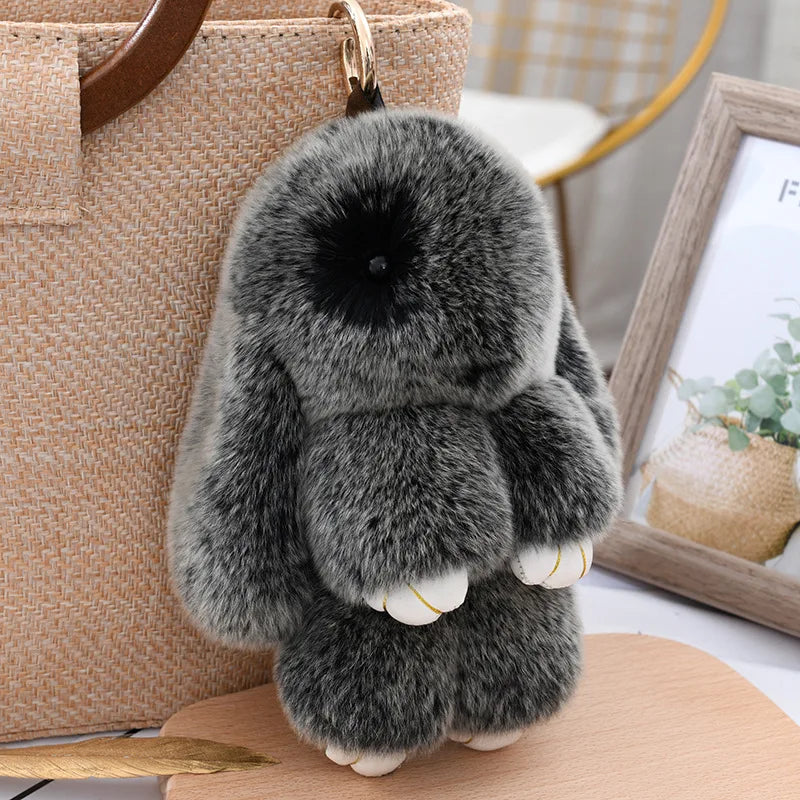 Fluffy Cute Bunny 18CM Real Fur Keychain Rex Rabbit Pom Pom Gift Toy Doll Women Bag Pendant Charm Car Key Keyring Metal ring