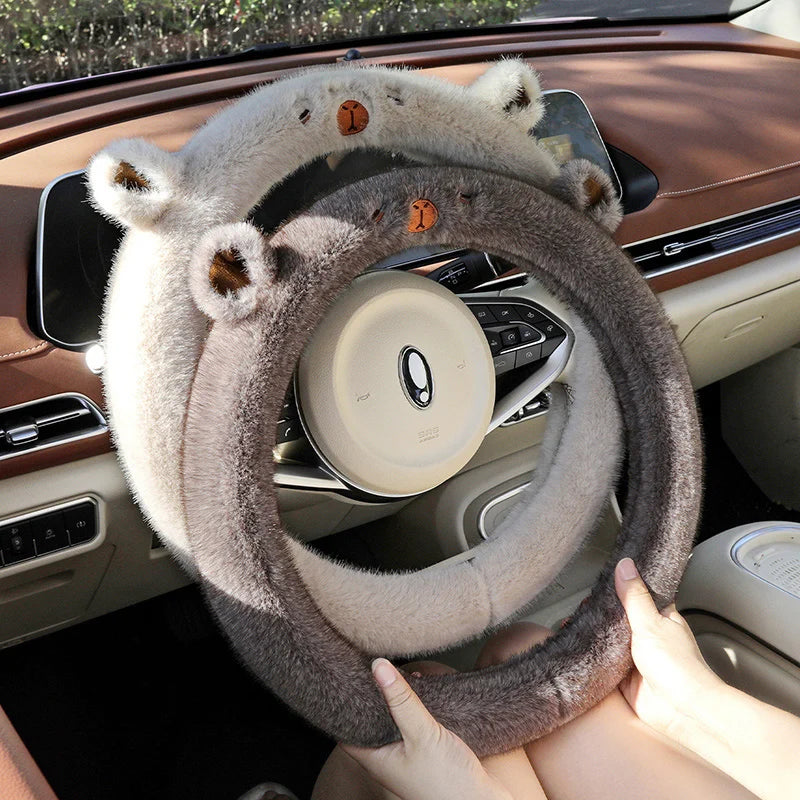 Premium Rabbit Fur Steering Wheel Cover with Ears Fluffy Soft Fleece Anti Slip Silicone Grip Cartoon Embroidery for Winter Cold