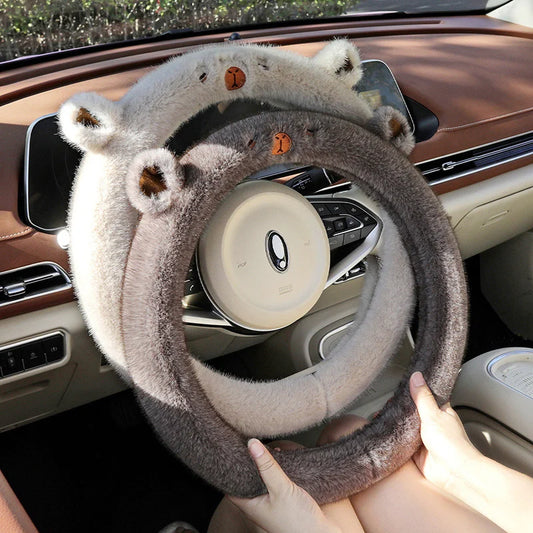 Premium Rabbit Fur Steering Wheel Cover with Ears Fluffy Soft Fleece Anti Slip Silicone Grip Cartoon Embroidery for Winter Cold