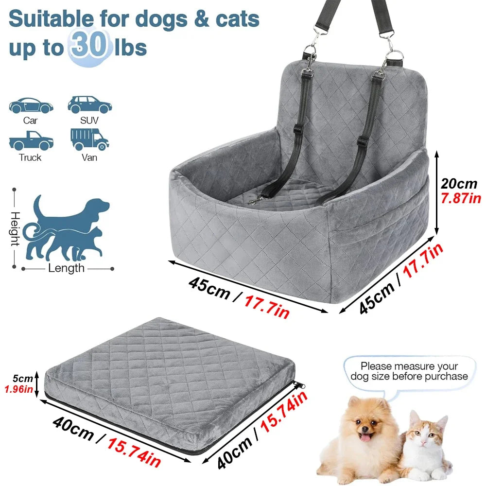 1PC Warm Portable Dog Car Seat for Pet Small Medium Dogs with Washable Cushion Bed Safety Belt Storage Pocket for Outdoor Travel