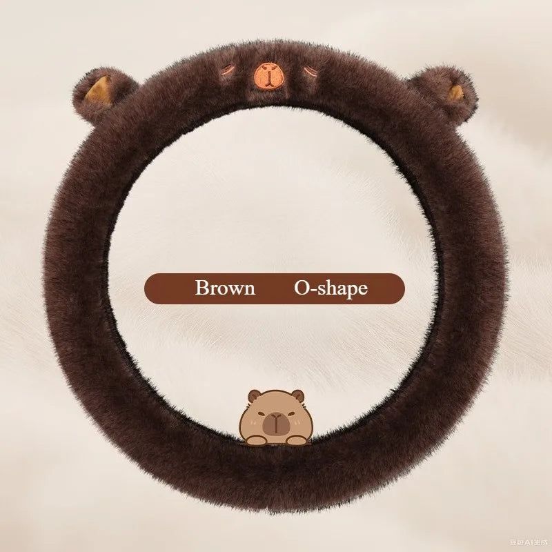 Premium Rabbit Fur Steering Wheel Cover with Ears Fluffy Soft Fleece Anti Slip Silicone Grip Cartoon Embroidery for Winter Cold