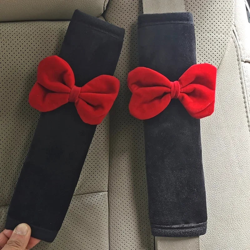 2pcs Cute Bownot Car Seat Belt Shoulder Cover Car Safety Belt Cover Anti-stranglehold Car Interior Accessories Girl Gift