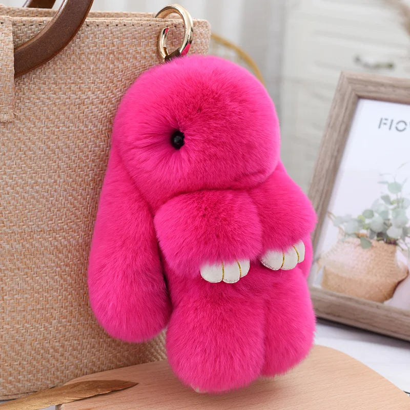 Fluffy Cute Bunny 18CM Real Fur Keychain Rex Rabbit Pom Pom Gift Toy Doll Women Bag Pendant Charm Car Key Keyring Metal ring