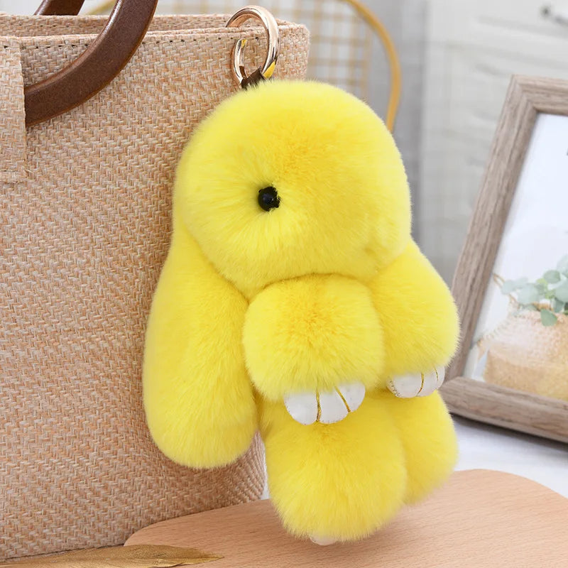 Fluffy Cute Bunny 18CM Real Fur Keychain Rex Rabbit Pom Pom Gift Toy Doll Women Bag Pendant Charm Car Key Keyring Metal ring