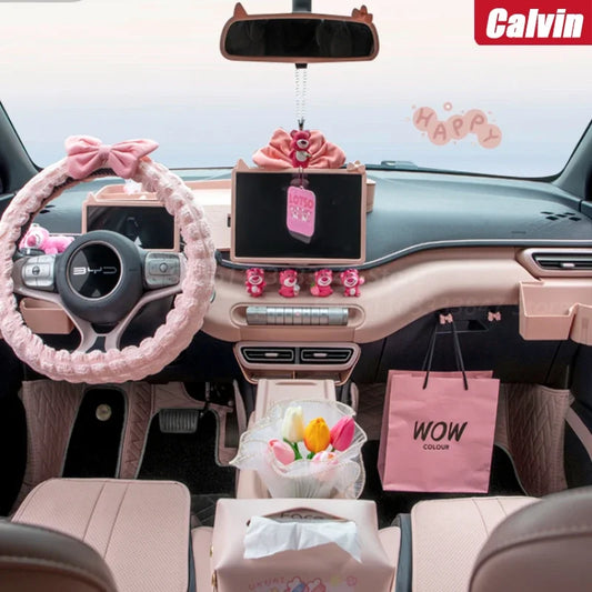 Car Steering Wheel Cover New WInter Warm Soft Plush Cartoon Car bowknot Interior Accessories 38cm Handble Cover