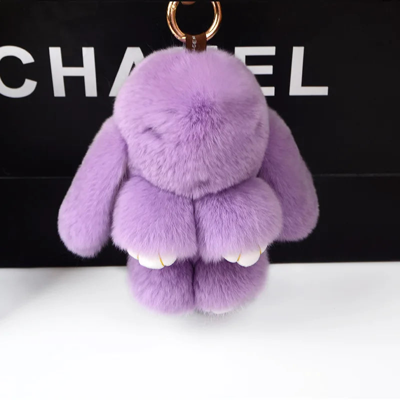Fluffy Cute Bunny 18CM Real Fur Keychain Rex Rabbit Pom Pom Gift Toy Doll Women Bag Pendant Charm Car Key Keyring Metal ring
