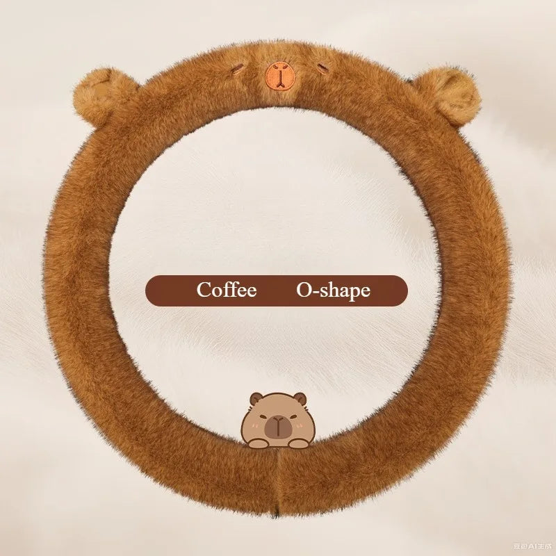 Premium Rabbit Fur Steering Wheel Cover with Ears Fluffy Soft Fleece Anti Slip Silicone Grip Cartoon Embroidery for Winter Cold