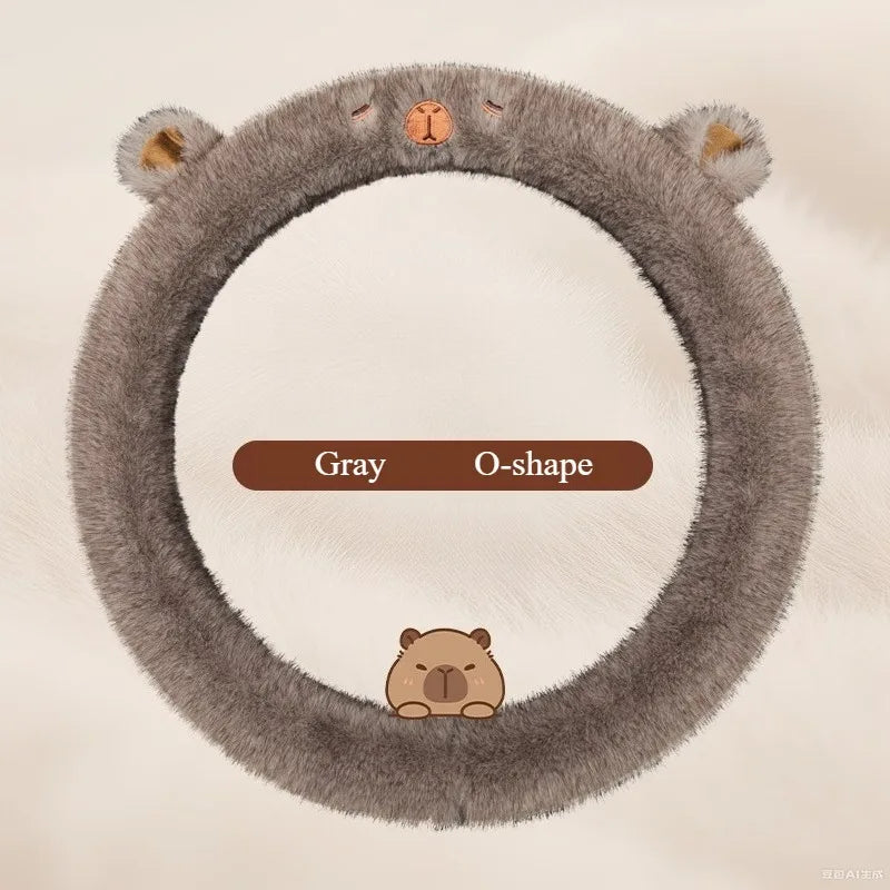 Premium Rabbit Fur Steering Wheel Cover with Ears Fluffy Soft Fleece Anti Slip Silicone Grip Cartoon Embroidery for Winter Cold