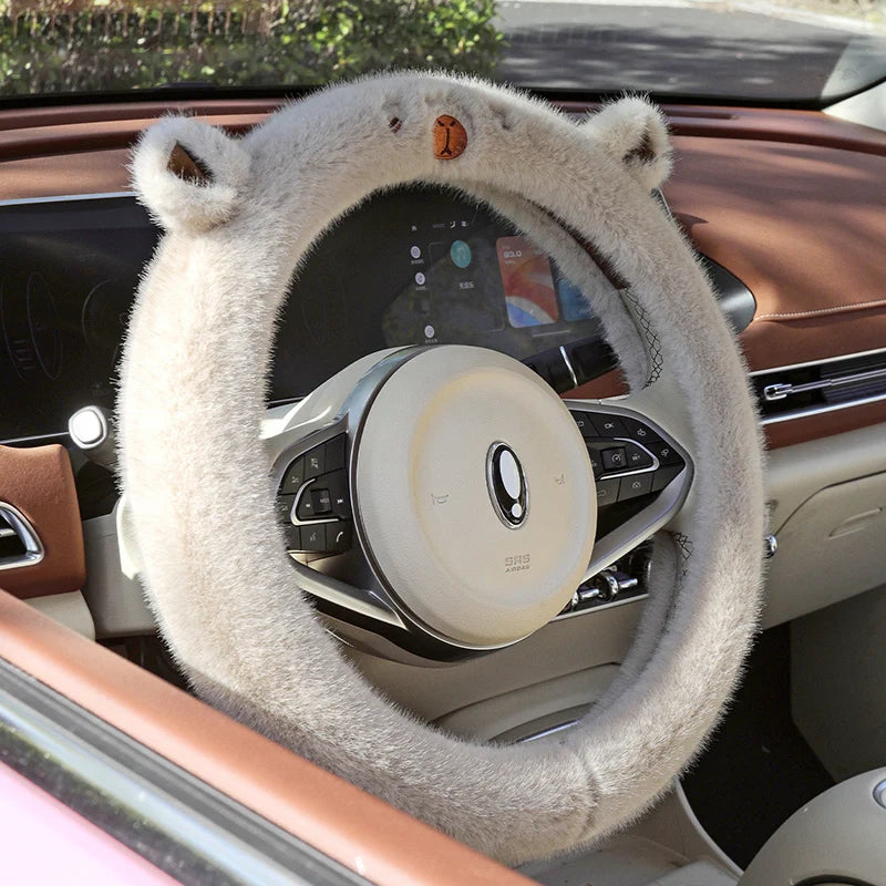 Premium Rabbit Fur Steering Wheel Cover with Ears Fluffy Soft Fleece Anti Slip Silicone Grip Cartoon Embroidery for Winter Cold