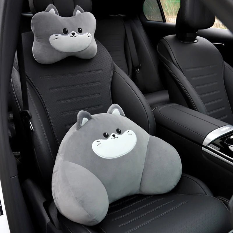 1Set Cute Cartoon Plush Car Headrest Neck Pillow Waist Back Cushion Auto Interior Decoration DIY Accessories