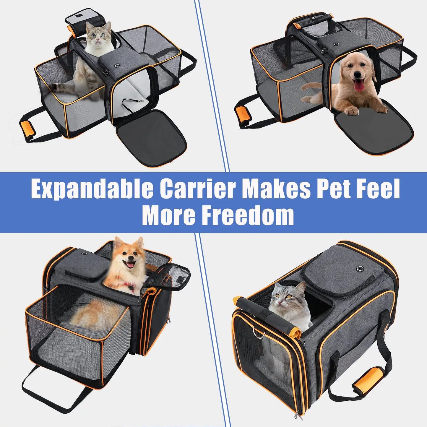Large Reversible Expandable Cat and Dog Carrier - with fleece pad and pockets for cats/dogs up to 24 lbs Travel Pet Carrier