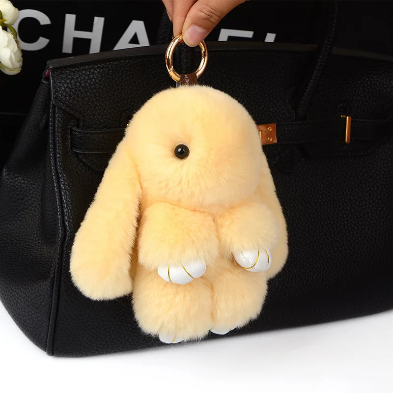Fluffy Cute Bunny 18CM Real Fur Keychain Rex Rabbit Pom Pom Gift Toy Doll Women Bag Pendant Charm Car Key Keyring Metal ring