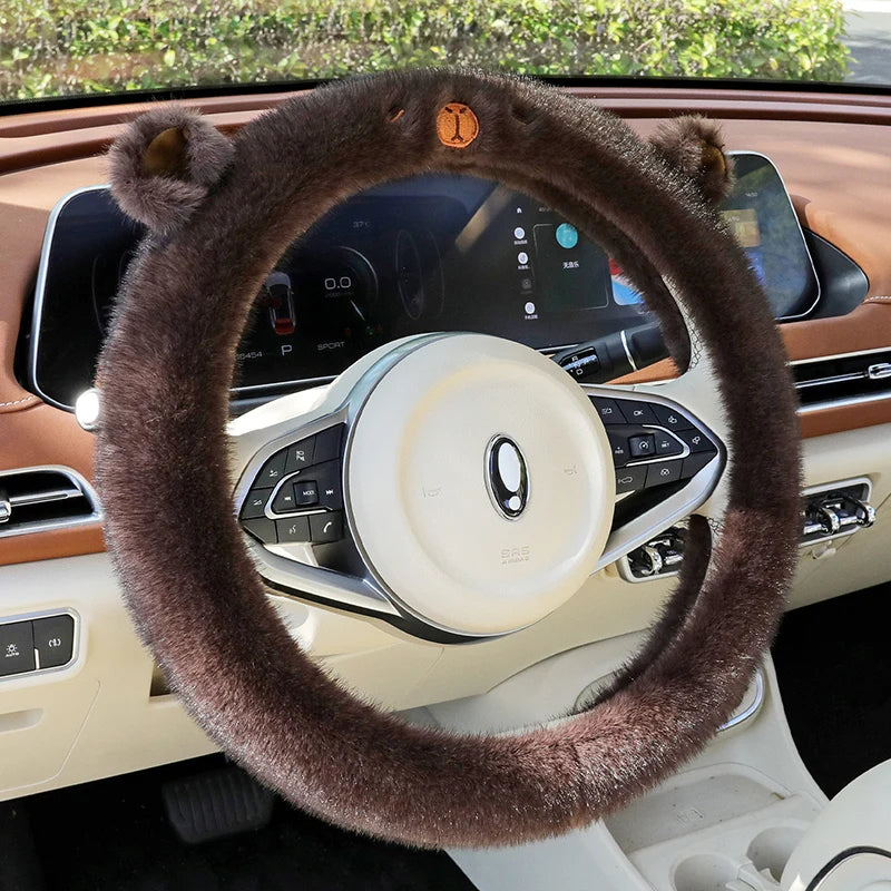 Premium Rabbit Fur Steering Wheel Cover with Ears Fluffy Soft Fleece Anti Slip Silicone Grip Cartoon Embroidery for Winter Cold