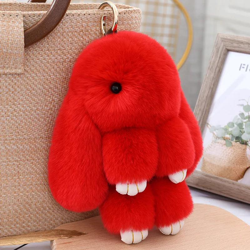 Fluffy Cute Bunny 18CM Real Fur Keychain Rex Rabbit Pom Pom Gift Toy Doll Women Bag Pendant Charm Car Key Keyring Metal ring