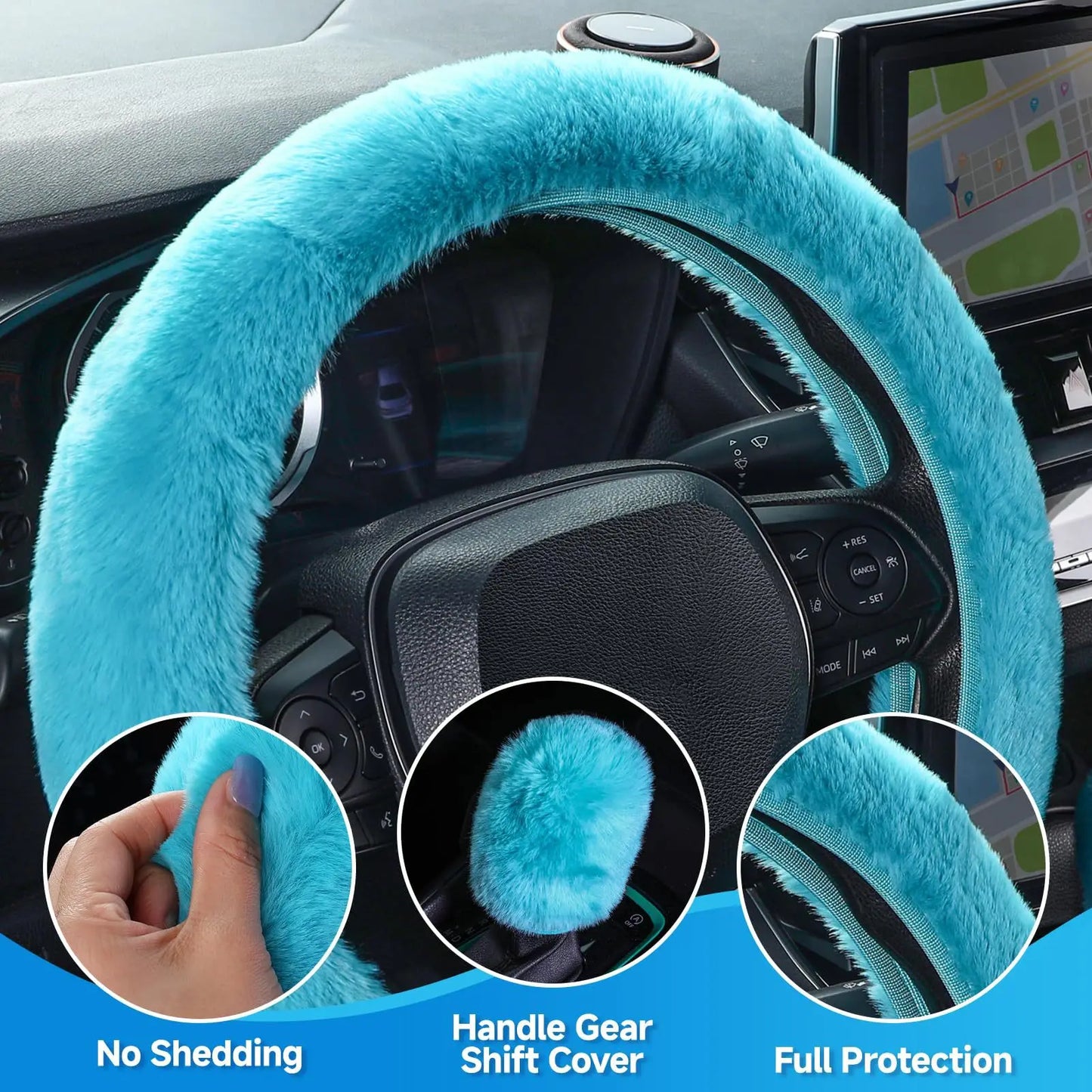 Heated & Ultra Soft Fluffy Steering Wheel Cover For Winter Warm 3pcs/Set, for Women's Car Interior Accessories，Universal 15 inch
