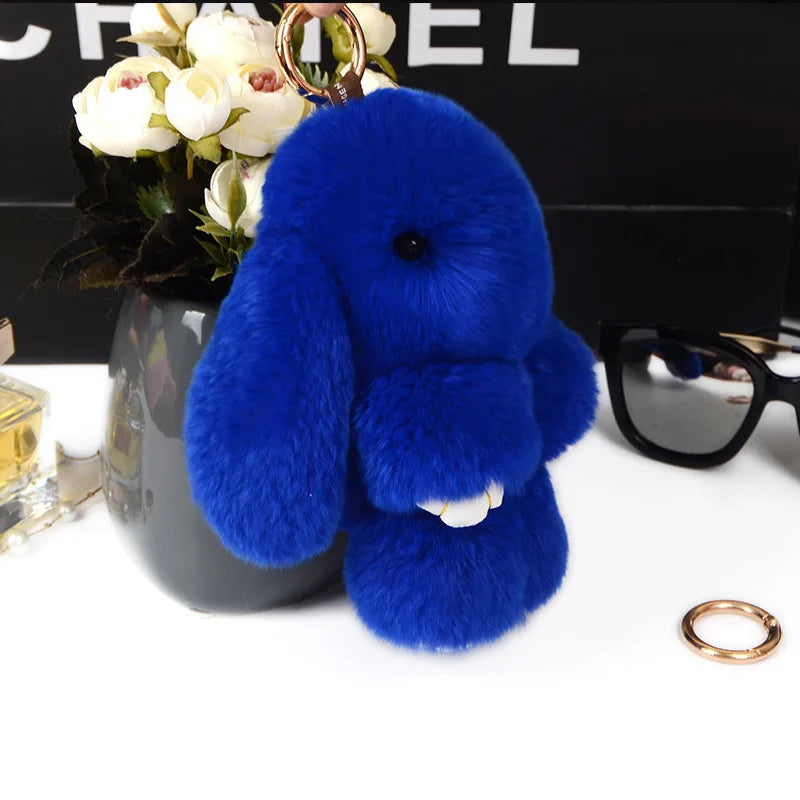 Fluffy Cute Bunny 18CM Real Fur Keychain Rex Rabbit Pom Pom Gift Toy Doll Women Bag Pendant Charm Car Key Keyring Metal ring
