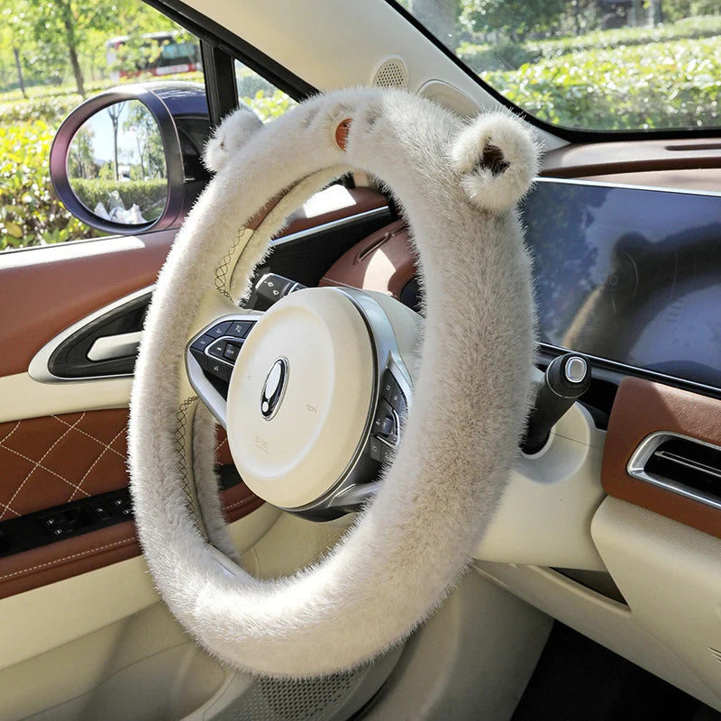 Premium Rabbit Fur Steering Wheel Cover with Ears Fluffy Soft Fleece Anti Slip Silicone Grip Cartoon Embroidery for Winter Cold