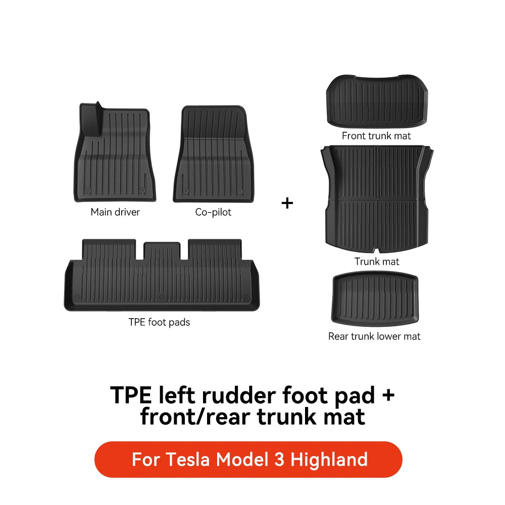 YZ TPE Car Floor Mats for Tesla Model 3 Y Highland Juniper 2019-2025 Luggage Mat Set Four Seasons Waterproof Anti-slip Trunk Mat