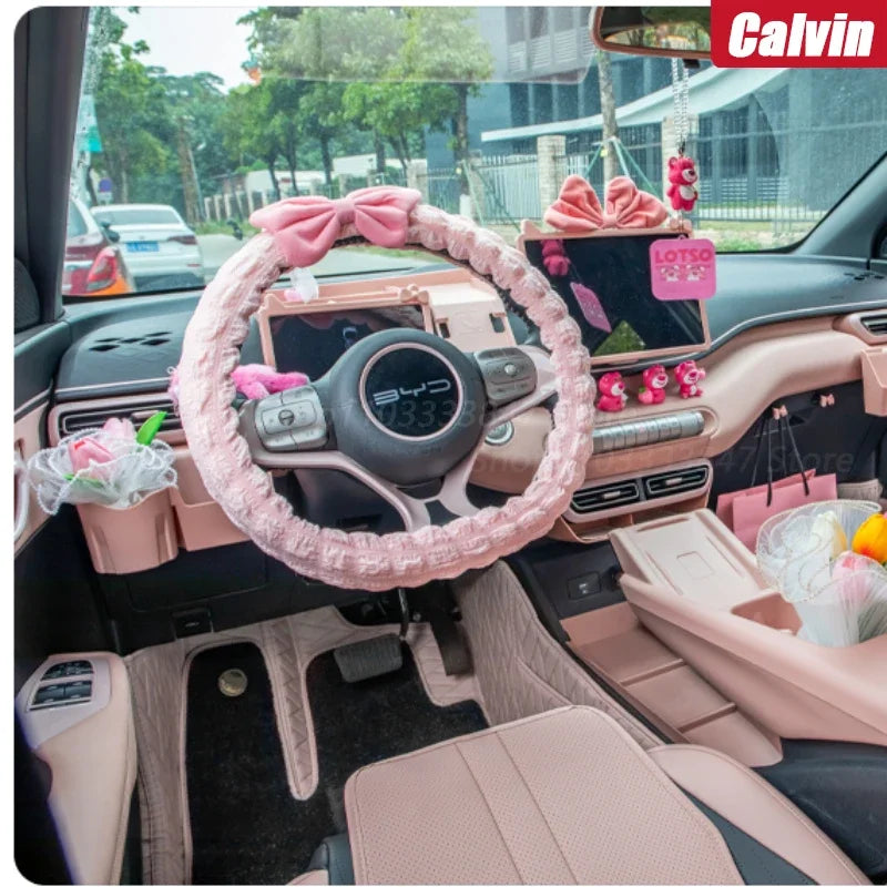 Car Steering Wheel Cover New WInter Warm Soft Plush Cartoon Car bowknot Interior Accessories 38cm Handble Cover
