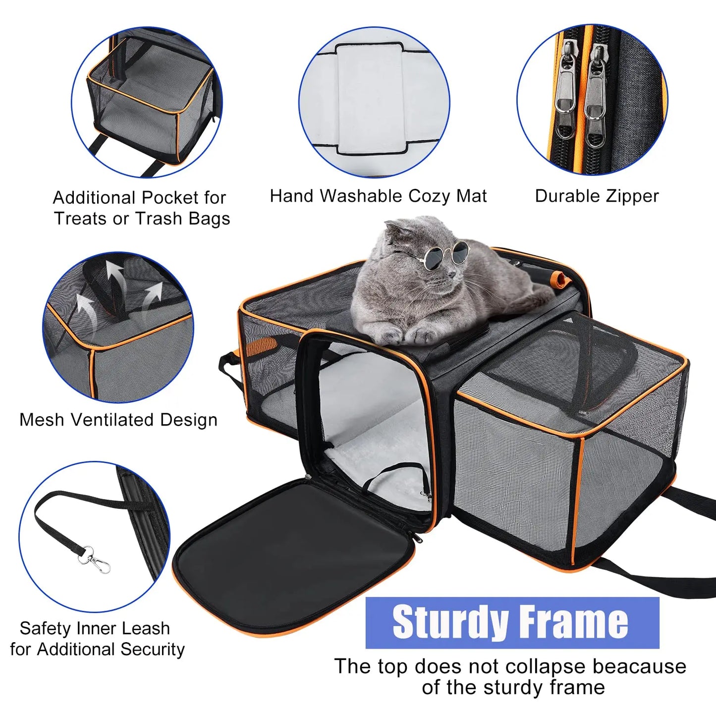 Large Reversible Expandable Cat and Dog Carrier - with fleece pad and pockets for cats/dogs up to 24 lbs Travel Pet Carrier