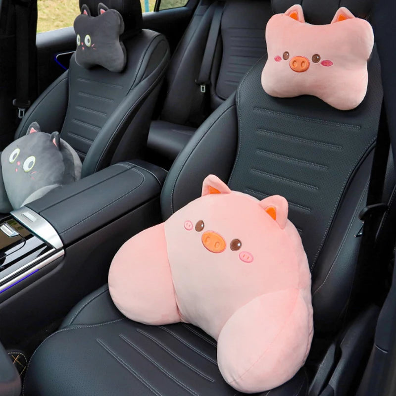 1Set Cute Cartoon Plush Car Headrest Neck Pillow Waist Back Cushion Auto Interior Decoration DIY Accessories