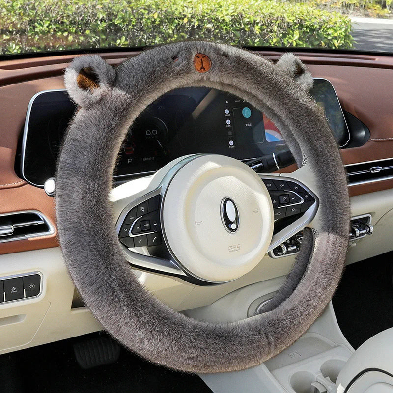 Premium Rabbit Fur Steering Wheel Cover with Ears Fluffy Soft Fleece Anti Slip Silicone Grip Cartoon Embroidery for Winter Cold